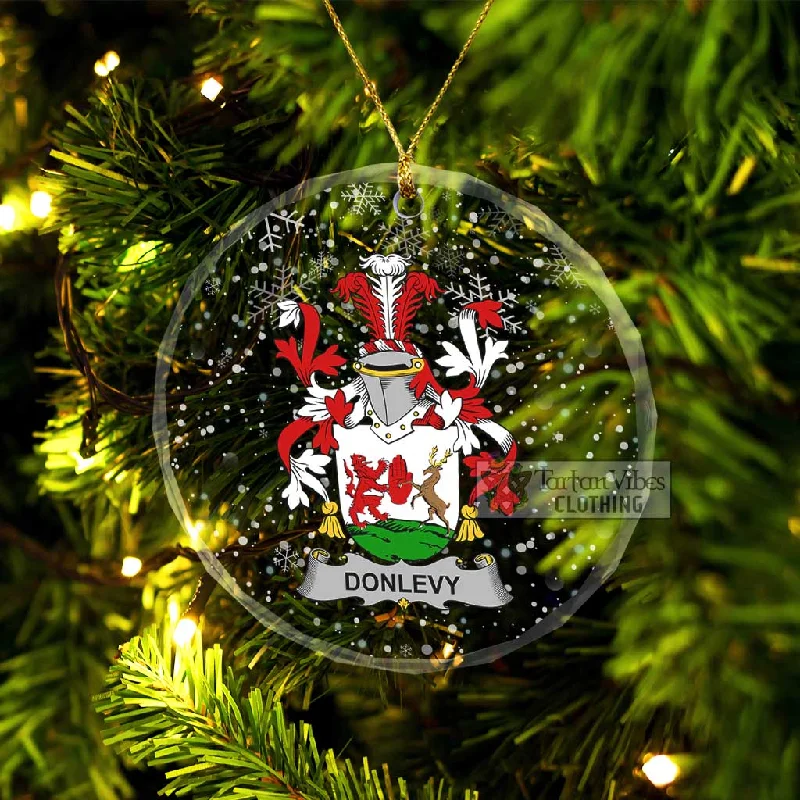 Donlevy Irish Clan Christmas Glass Ornament with Coat of Arms Chenille Brocade Lace