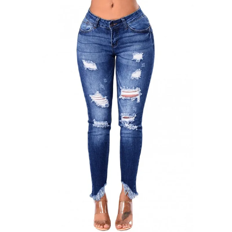 2022 Hot Selling Fashion Women's Irregular Tassel High Waist Skinny Ripped Jeans Sexy Trousers Distressed Ripped Jeans Women Trousers Tapered Slim Fit