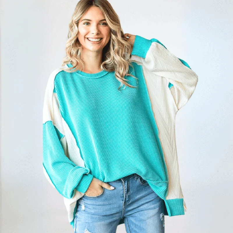 Mixed Media Oversized Color Block Pullover Button Front Sweater