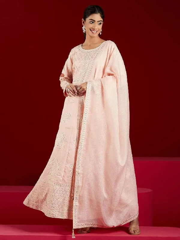 Libas Art Peach Embroidered Silk A-Line Kurta With Trousers & Dupatta Trousers Pleated Formal Libas Art Peach Embroidered Silk A-Line Kurta With Trousers & Dupatta Trousers Pleated Formal