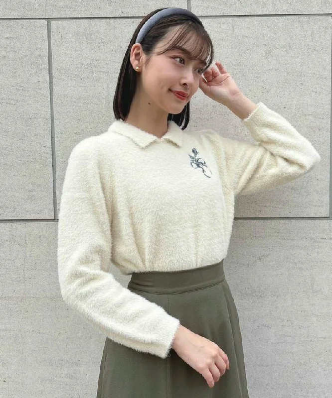 Ribbon Rose Embroidery Feather Knit Pullover / an another angelus [51BJ03j006]. Bell Sleeve Stylish