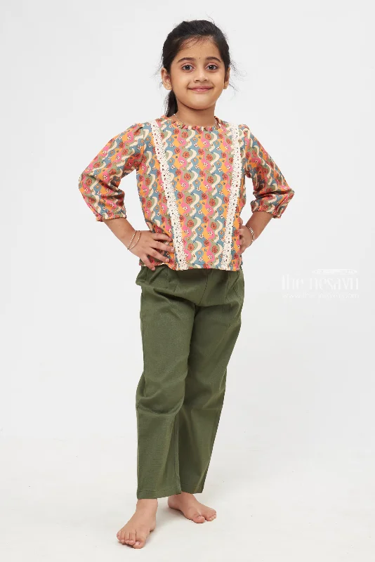 Whimsical Waves Lace-Trimmed Top with Solid Hue Trousers Set for Kids Trousers Gym Athletic