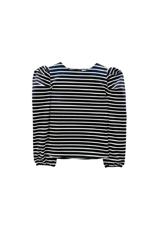Buru x Kristin Kennedy Puff Sleeve Pullover - B&W Stripe Lapel Neck Sweater