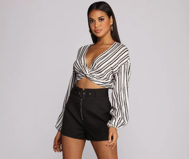 Stripe Vibes Crop Top Zippered Front Buttoned Front Snap Front