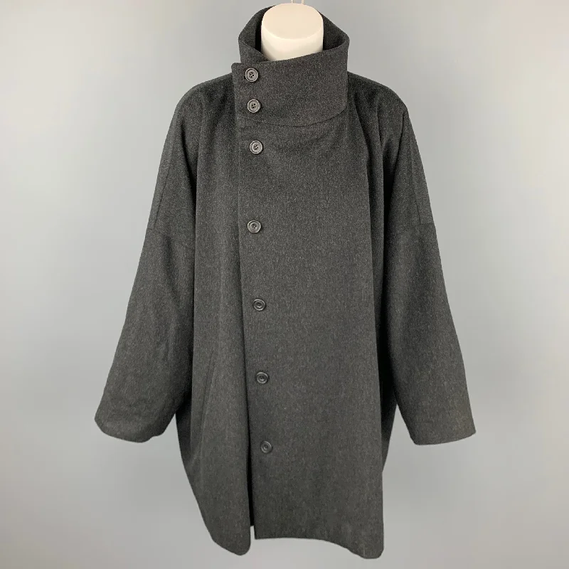 ESKANDAR Size L Charcoal Heather Wool / Cashmere Oversized High Collar Coat Knit Woven Fleece ESKANDAR Size L Charcoal Heather Wool / Cashmere Oversized High Collar Coat Knit Woven Fleece