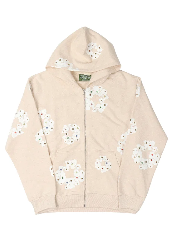 Rhinestone Cotton Wreath Zip Hoodie Hoodie with Cropped Fit Short Trendy