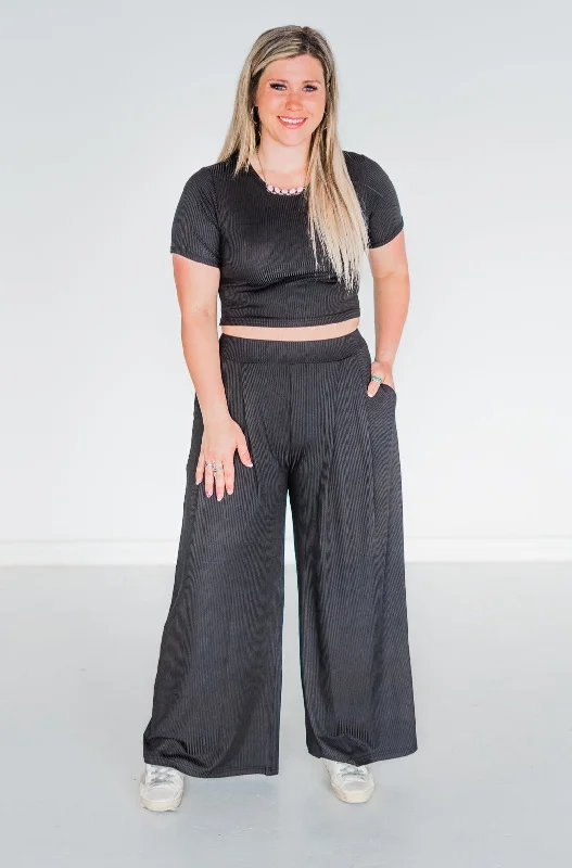 2 pc Ribbed Loungewear Pants & Crop Top Set Cozy Warm Stylish