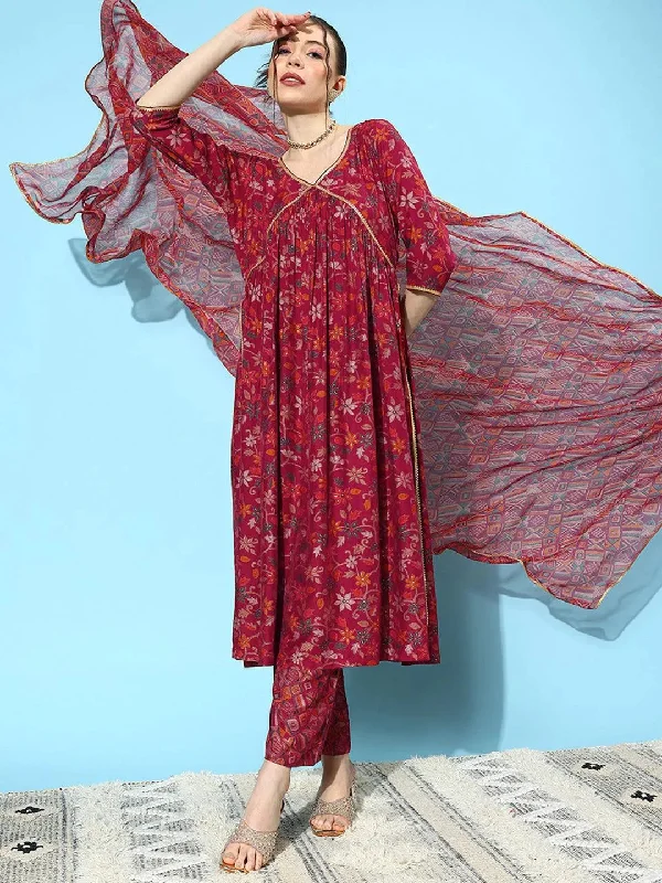 Red Printed Silk Blend A-Line Kurta With Trousers & Dupatta Trousers sophisticated sleek Red Printed Silk Blend A-Line Kurta With Trousers & Dupatta Trousers sophisticated sleek