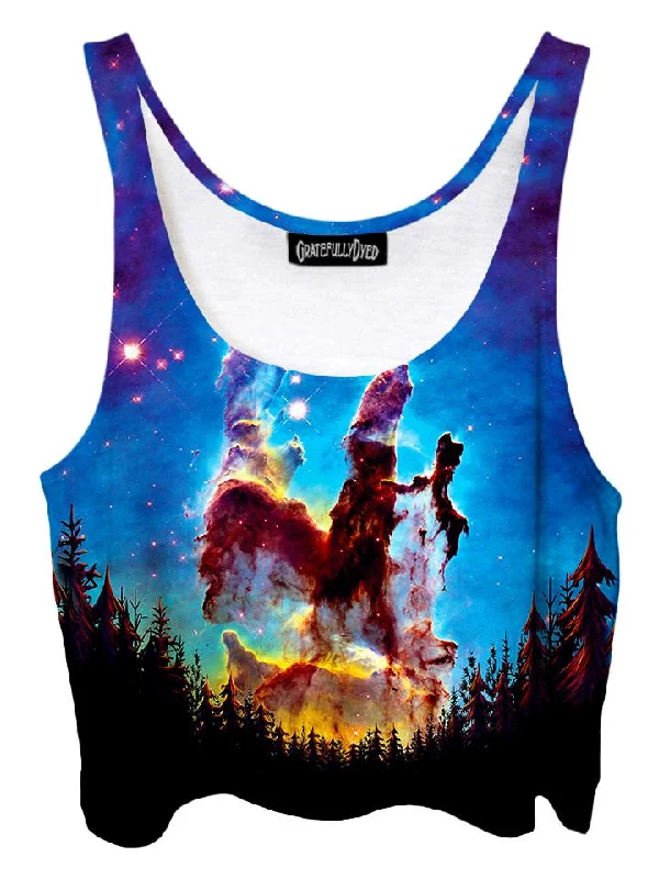 Tree Space Rainbow Nebula Forest Galaxy Crop Top Print Jacquard Patchwork