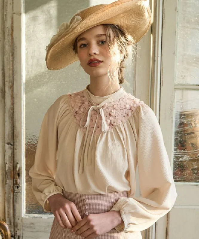 Cut Flower Lace Yoke Pullover Blouse Puff Sleeve Stylish