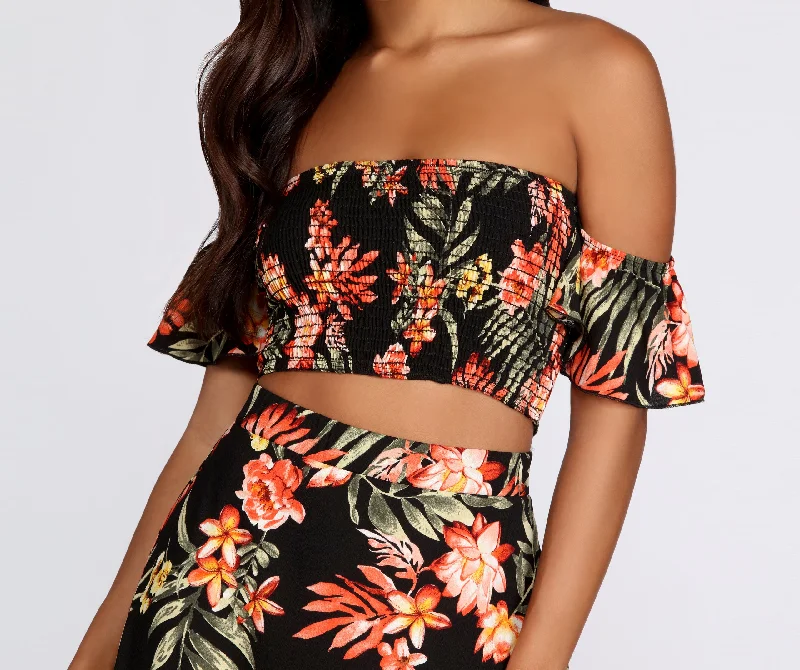Hot Tropics Smocked Crop Top Rayon Fabric Velvet Fabric Corduroy Fabric