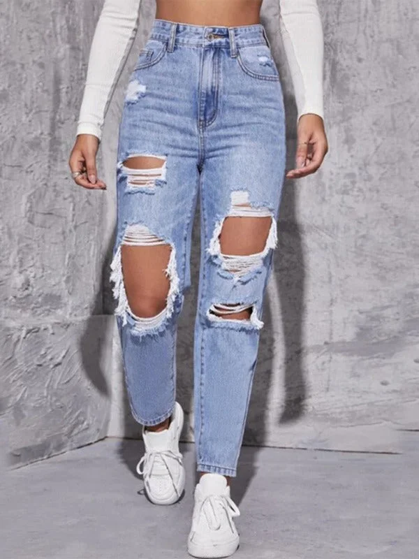 Women's washed ripped high waist straight trousers Trousers luxurious premium