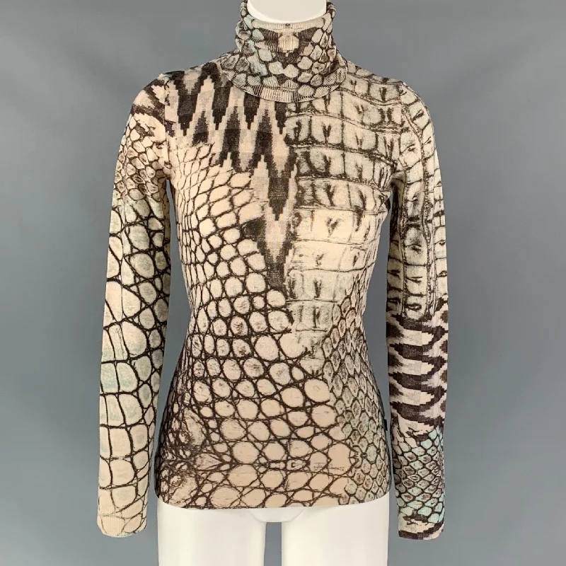 JUST CAVALLI Size 4 Taupe Cream Wool Snake skin print Pullover Gathered Sleeve Pullover JUST CAVALLI Size 4 Taupe Cream Wool Snake skin print Pullover Gathered Sleeve Pullover