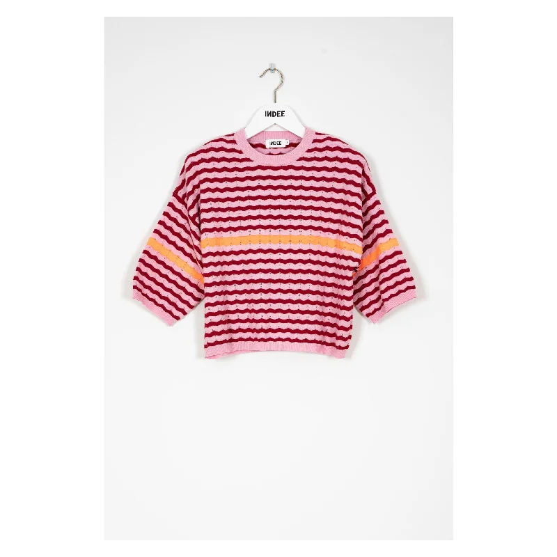 Indee Pink Striped Knit Pullover Crew Neck Wool
