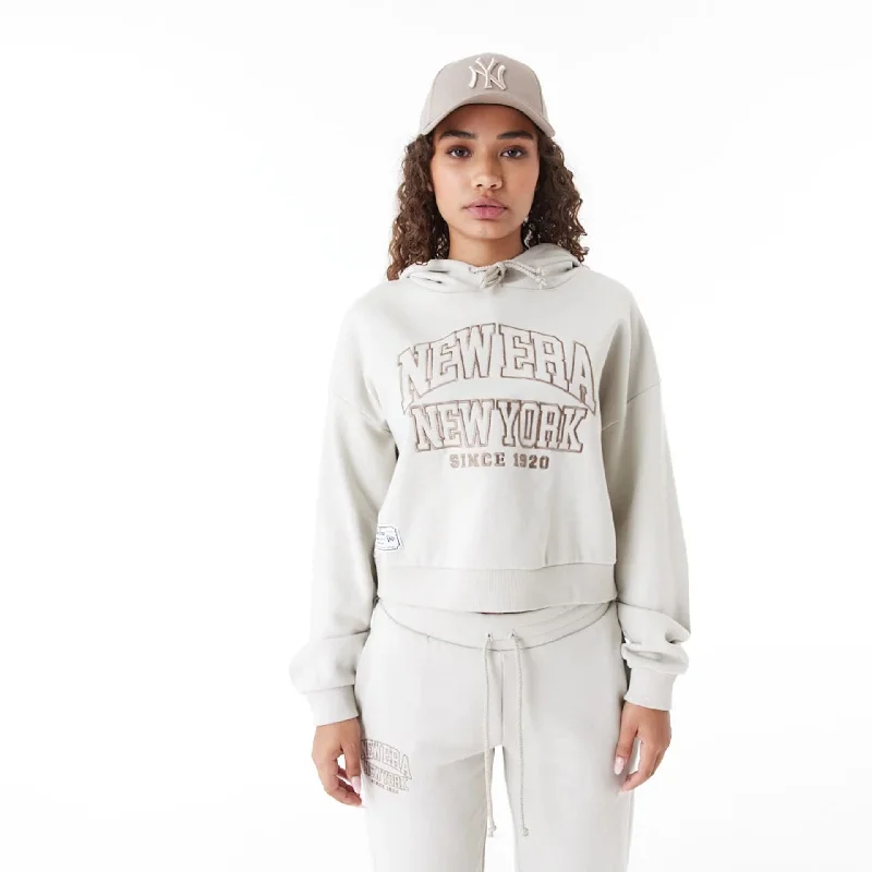 New Era Arch Wordmark Stone Womens Crop Pullover Hoodie V-Neck Stylish Pullover