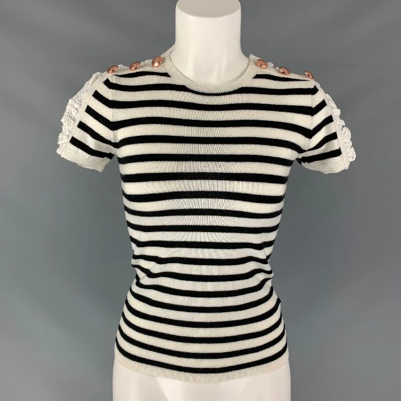 MANOUSH Size XS Black & White Wool / Elastane Stripe Short Seeleve Pullover Sheath Sleeve Elegant