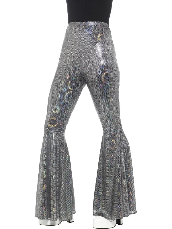 Silver Flared Trousers, Ladies 70s Fashion Trousers Gym Athletic