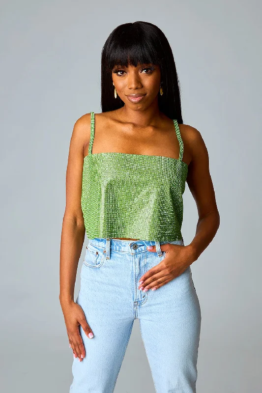 Girly Girl Rhinestone Crop Top - Emerald Boxy Fit Fitted Loose
