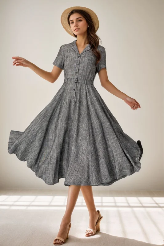1950s Gray Midi Linen Summer Dress Women 5128 Elegant Floral Skirt Midi Dress
