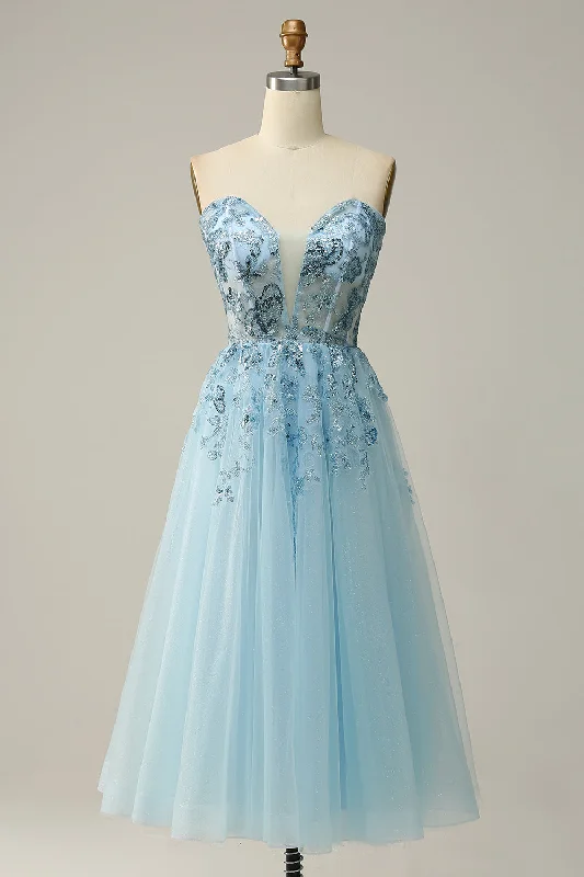 A Line Midi Sweetheart Sequins Sky Blue Prom Dress Fashionable Wide Leg Midi Dress