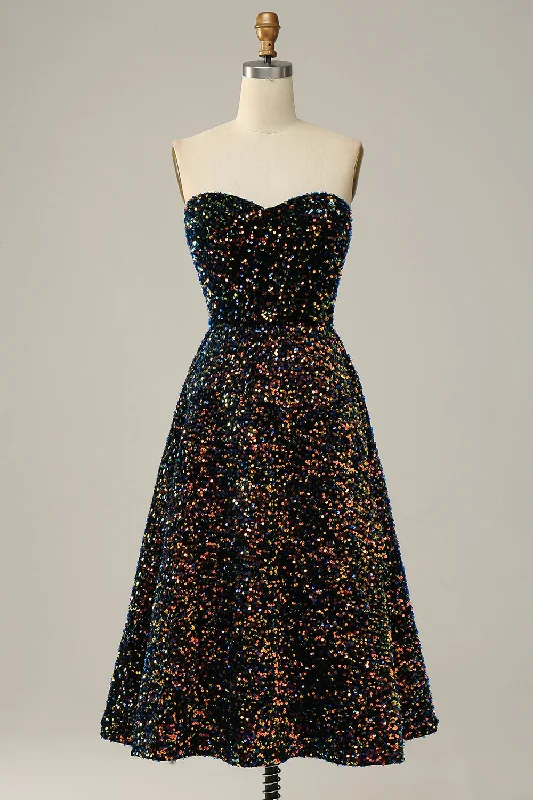 A Line Sweetheart Black Sequins Midi Prom Dress Elegant Floral Skirt Midi Dress