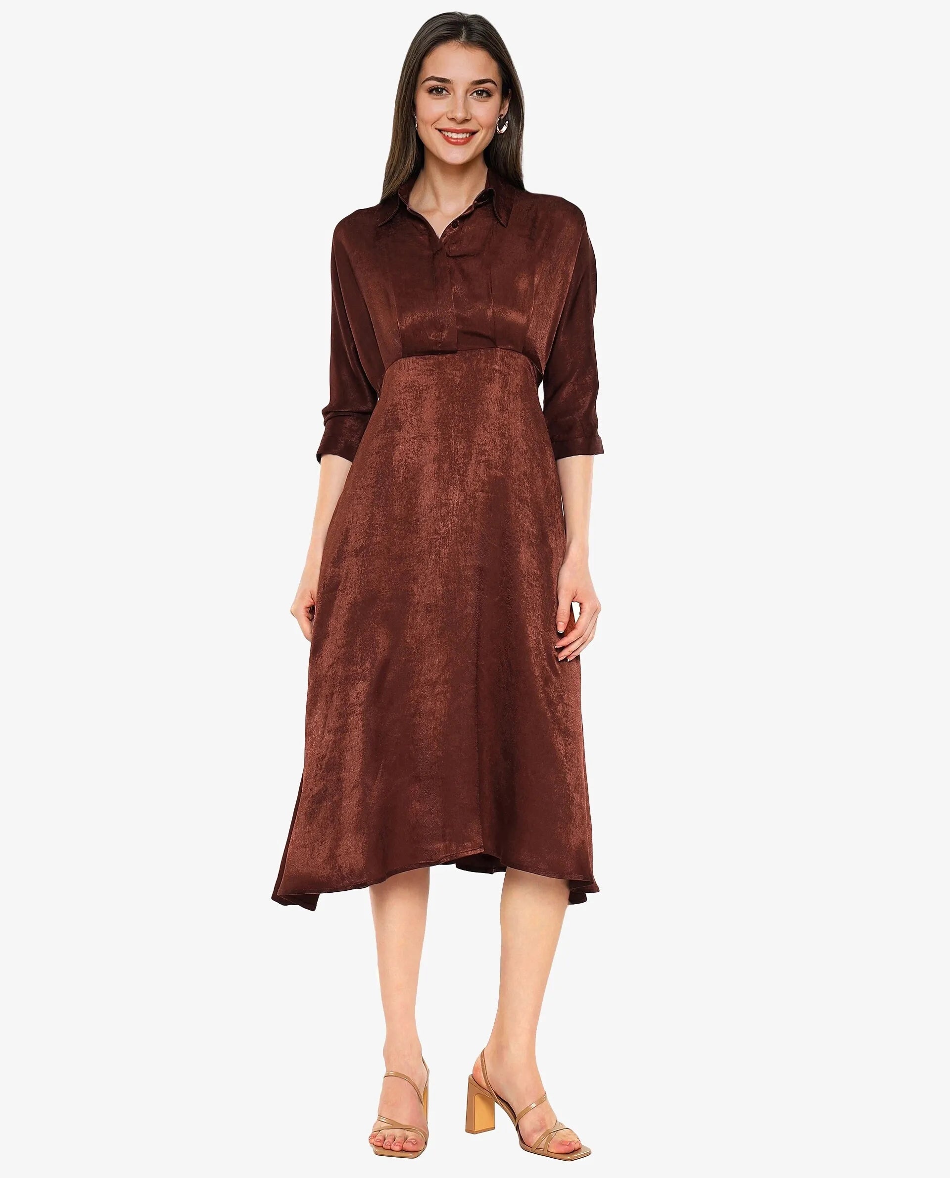 Rareism Women Airbaz Brown Velvet Kimono Sleeve Collared Neck Button Closure A-Line Midi Plain Dress Stylish Color Block Midi Dress Rareism Women Airbaz Brown Velvet Kimono Sleeve Collared Neck Button Closure A-Line Midi Plain Dress Stylish Color Block Midi Dress