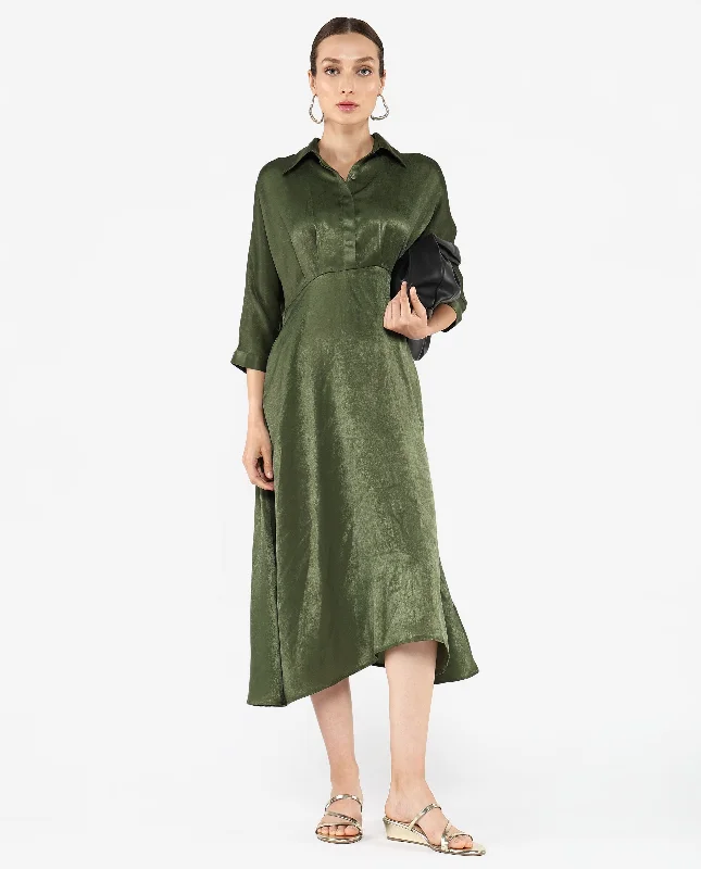 Rareism Women Airbaz Olive Velvet Satin Kimono Sleeve Collared Neck Button Closure A-Line Midi Plain Dress Fashionable A-Line Midi Dress Rareism Women Airbaz Olive Velvet Satin Kimono Sleeve Collared Neck Button Closure A-Line Midi Plain Dress Fashionable A-Line Midi Dress