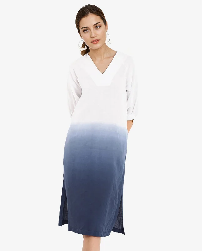 Rareism Women Algan White Raglan Sleeves V-Neck Straight Fit Midi Ombre Dress Cozy T-shirt Midi Dress Rareism Women Algan White Raglan Sleeves V-Neck Straight Fit Midi Ombre Dress Cozy T-shirt Midi Dress