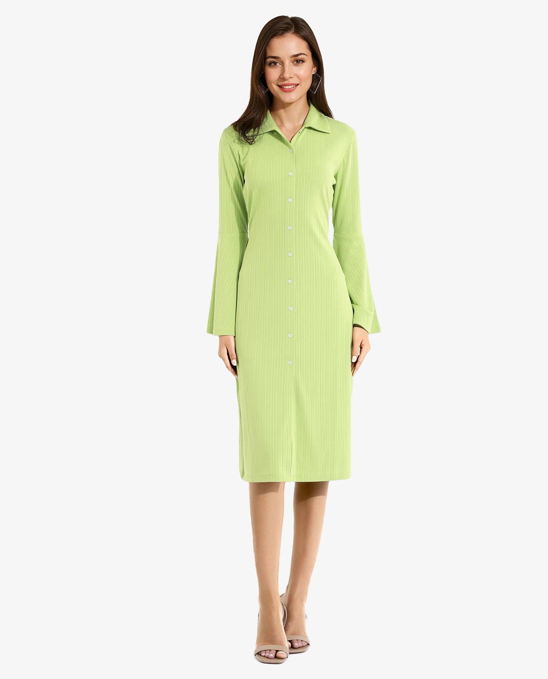 Rareism Women Aqua Flouroscent Green Full Sleeve Collared Neck Button Closure A-Line Midi Plain Dress Fashionable One-Shoulder Midi Dress
