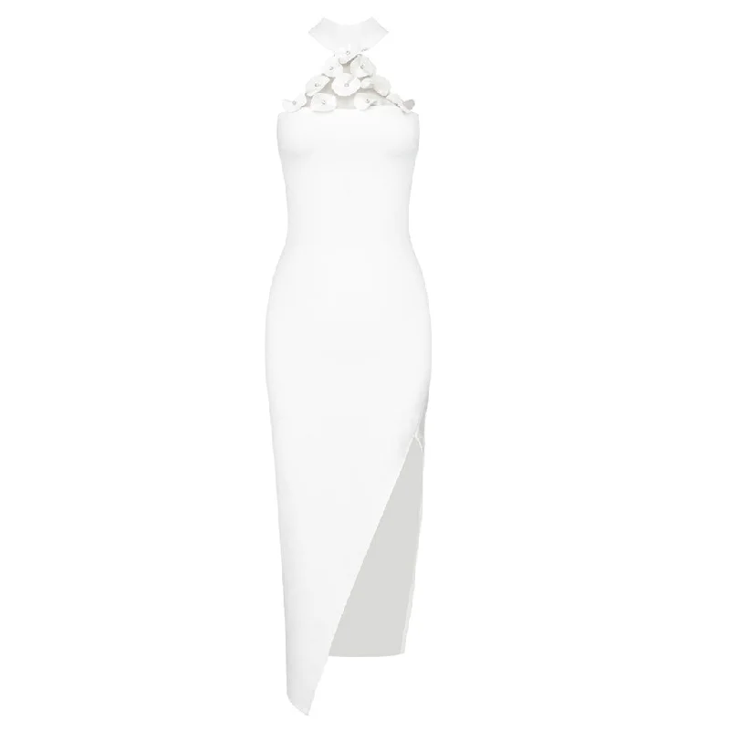 Asymmetrical Crystal Petal Decor Halter Neck Bandage Midi Cocktail Dress Fashionable High-Neck Midi Dress