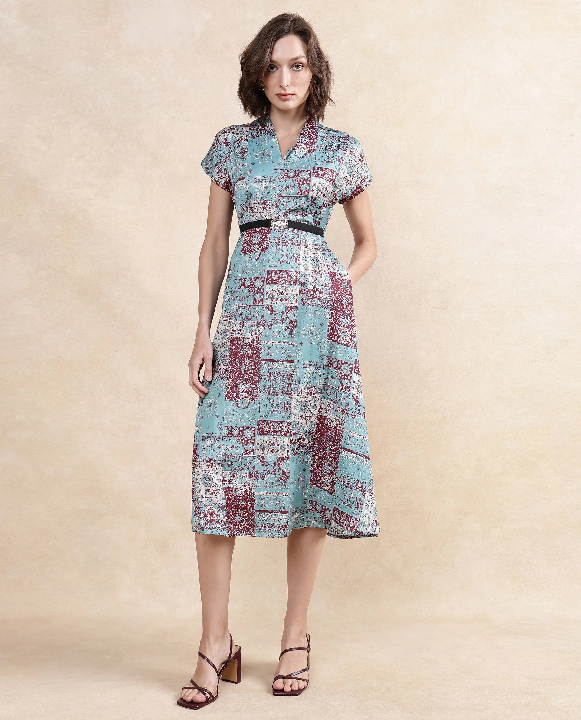 Rareism Women Azerb Light Multi Satin Extended Sleeves V-Neck A-Line Midi Bandana Print Dress Stylish Satin Midi Dress Rareism Women Azerb Light Multi Satin Extended Sleeves V-Neck A-Line Midi Bandana Print Dress Stylish Satin Midi Dress