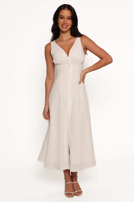 Barbara Midi Button Down Dress - White Trendy Mock Neck Midi Dress