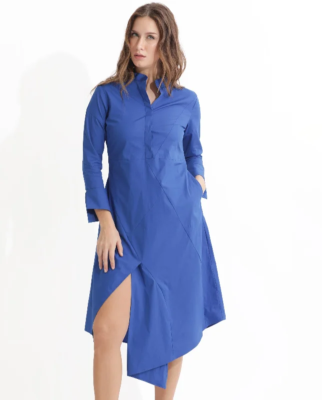 Rareism Women Beetal Blue Poly Lycra Fabric Full Sleeves Mandarin Collar Cuffed Sleeve Regular Fit Plain Midi Asymmetric Dress Trendy Floral Wrap Midi Dress