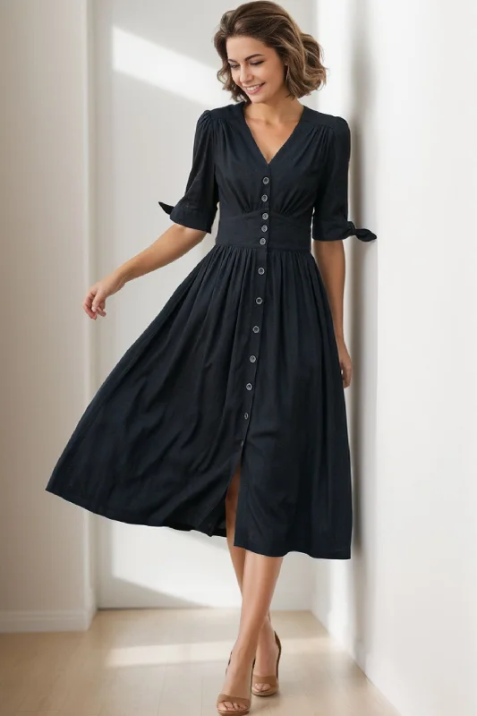 Black midi linen dress with V neckline 5129 Comfortable Adjustable Strap Midi Dress