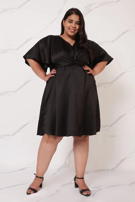 Black Satin Midi Knot Dress Trendy Knit Midi Dress
