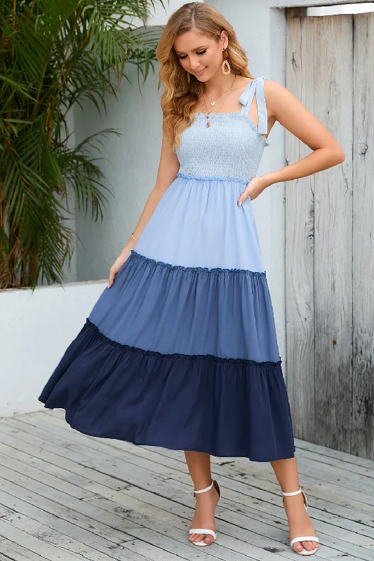 Blue A Line Midi Summer Dress with Pleated Trendy Ruffle Hem Midi Dress
