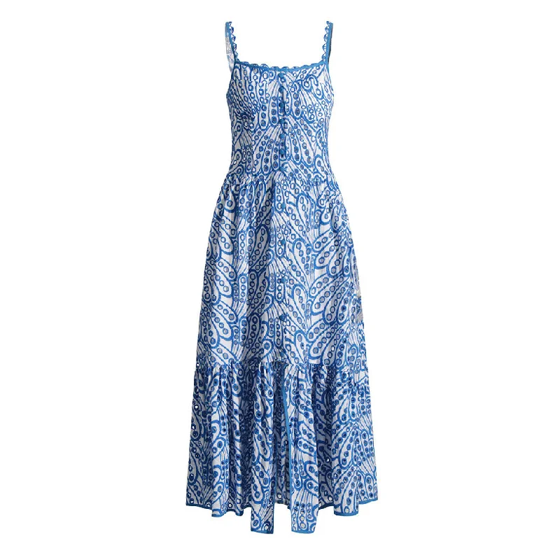 Boho Scalloped Square Neck Cami Button Front Smocked Broderie Anglaise Midi Sundress Fashionable Shift Midi Dress Boho Scalloped Square Neck Cami Button Front Smocked Broderie Anglaise Midi Sundress Fashionable Shift Midi Dress