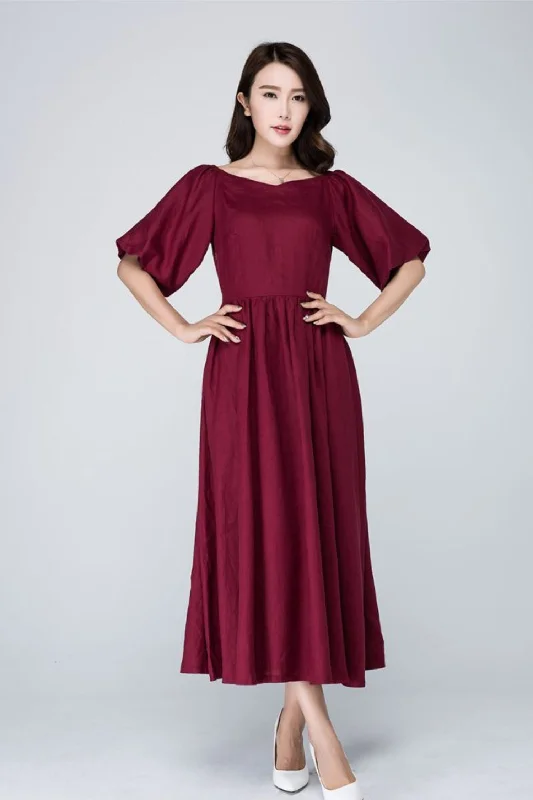 Burgundy midi summer womens linen dress 1573 Trendy Smocked Detail Midi Dress