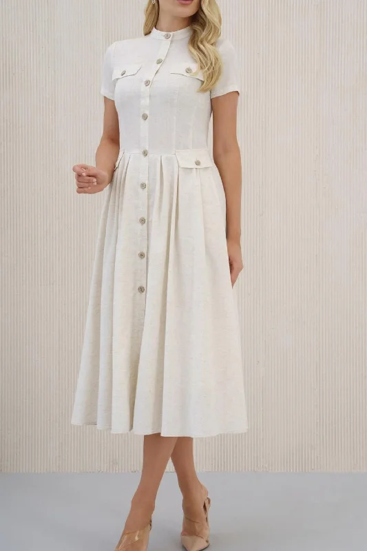 Button front white midi linen dress HY0018 Fashionable Casual Midi Dress