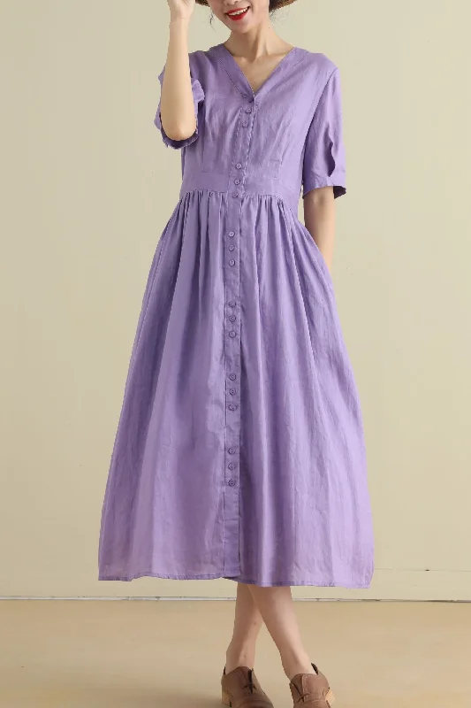 Button up purple midi linen dresses 2796 Stylish Tiered Midi Dress