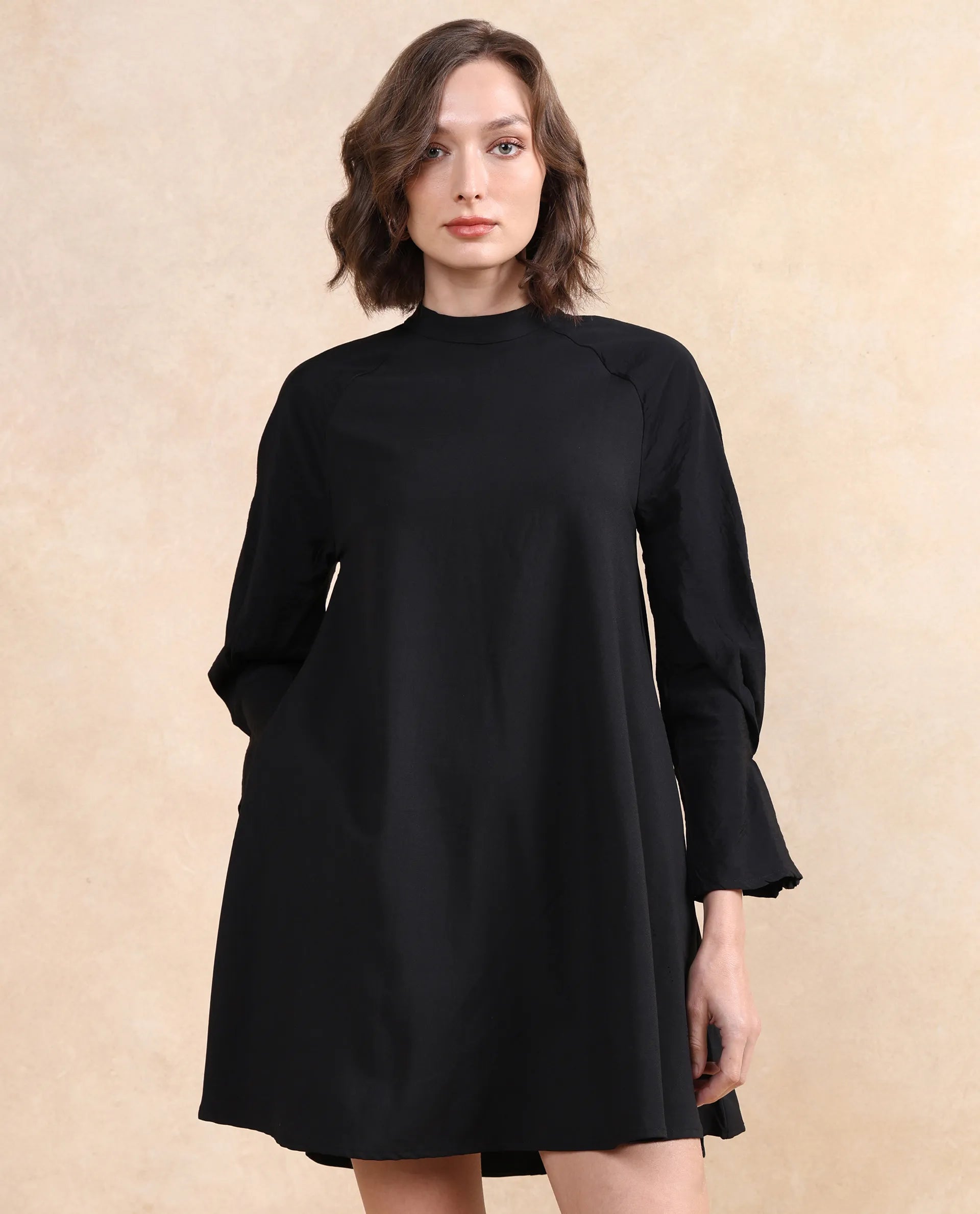 Rareism Women Cayman Black Nylon Blend Fabric Fashion Sleeve High Neck Zipper Closure Straight Fit Midi Plain Dress Trendy Off-Shoulder Button Midi Dress