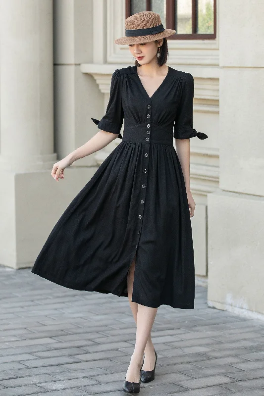 Black summer midi linen dress women 4893 Trendy Smocked Detail Midi Dress