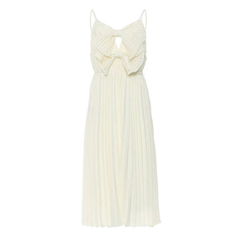 Cute V Neck Big Dual Bow Spaghetti Strap Pleated Midi Chiffon Slip Dress Comfortable Button Front Midi Dress