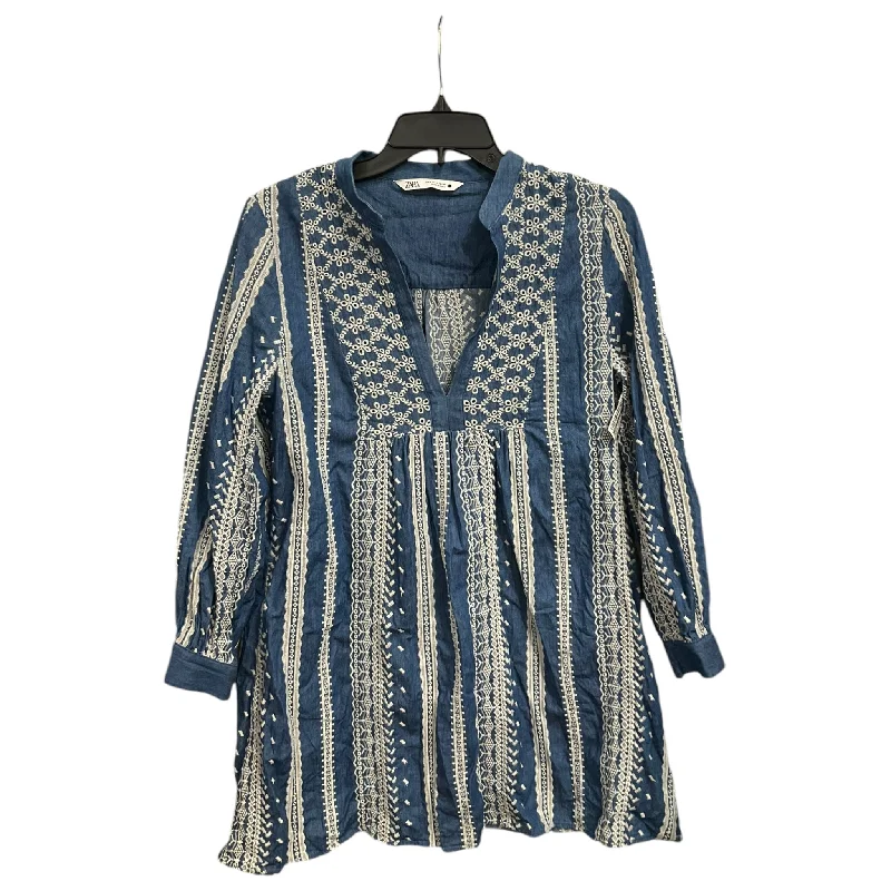 Dress Casual Midi By Zara In Blue & Cream, Size: S Fashionable Sheer Sleeve Midi Dress Dress Casual Midi By Zara In Blue & Cream, Size: S Fashionable Sheer Sleeve Midi Dress