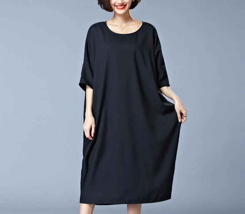 Elegant black Midi-length cotton dress plus size traveling clothing New o neck half sleeve cotton clothing dresses Trendy Flared Sleeve Midi Dress Elegant black Midi-length cotton dress plus size traveling clothing New o neck half sleeve cotton clothing dresses Trendy Flared Sleeve Midi Dress