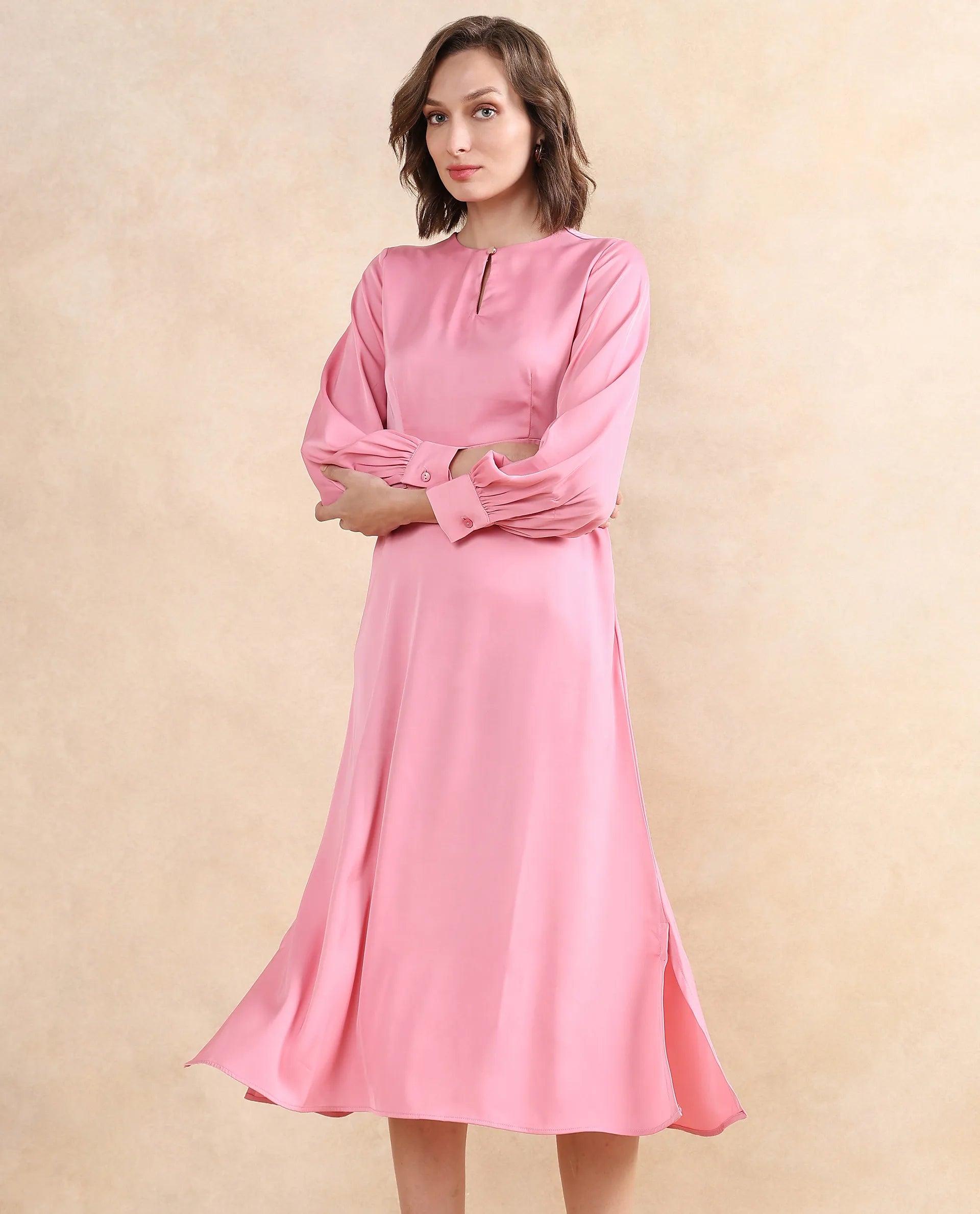 Rareism Women Erzinc Light Pink Satin Bishop Sleeve Round Neck Zipper Closure Fit And Flare Midi Plain Dress Comfortable Lace-Up Midi Dress Rareism Women Erzinc Light Pink Satin Bishop Sleeve Round Neck Zipper Closure Fit And Flare Midi Plain Dress Comfortable Lace-Up Midi Dress