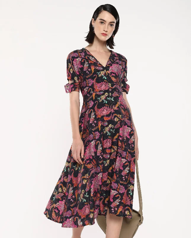 Rareism Women Fertash Dark Multi Nylon Viscose Fabric Cut Away Sleeve Collared Neck A-Line Midi Abstract Print Dress Comfortable Wrap Midi Dress Rareism Women Fertash Dark Multi Nylon Viscose Fabric Cut Away Sleeve Collared Neck A-Line Midi Abstract Print Dress Comfortable Wrap Midi Dress