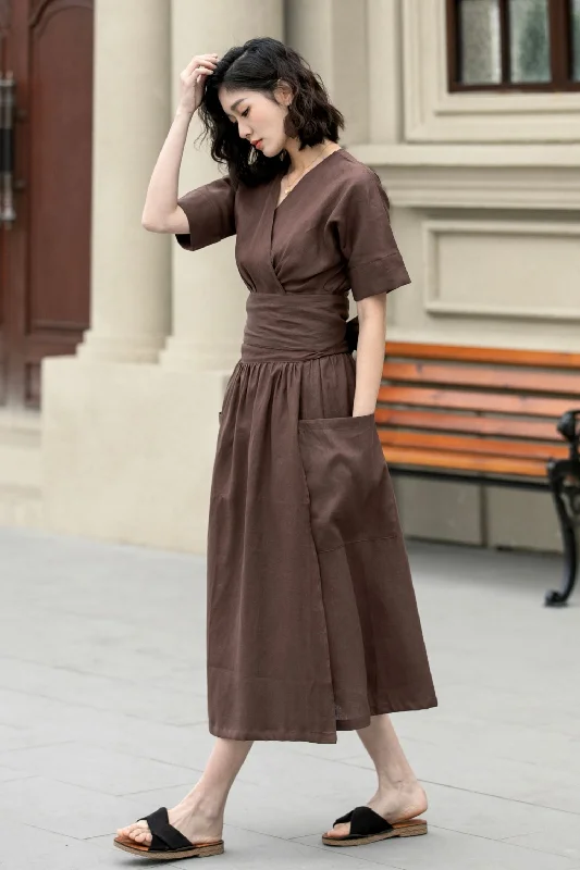 Fit and flare brown midi linen dress 4957 Cozy Tie-Dye Midi Dress