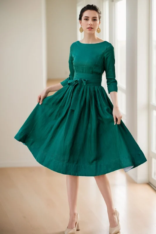 Fit and flare midi swing linen dress 5067 Elegant Puff Sleeve Midi Dress