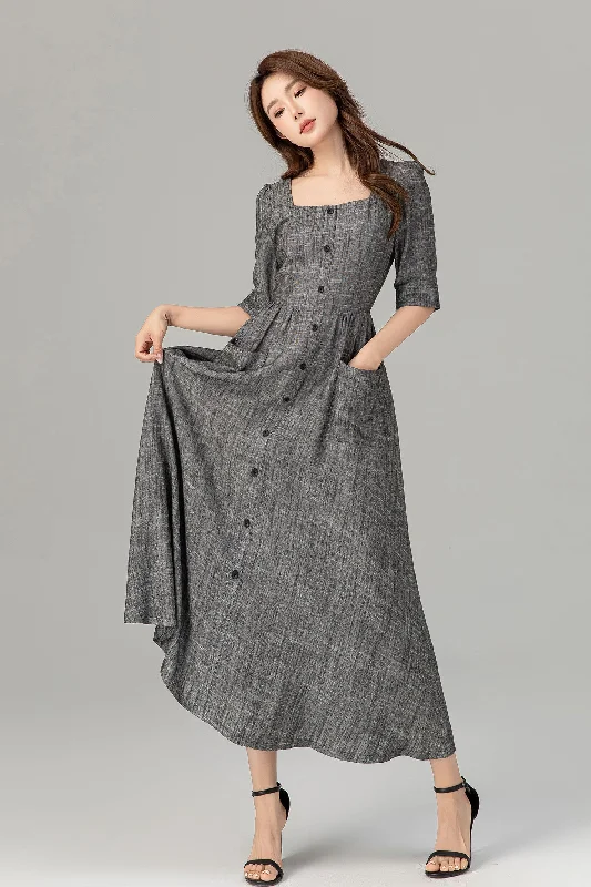 Gray button up midi linen dress with pockets 4933 Elegant Sleeveless Midi Dress